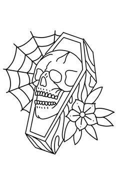 a drawing of a skull and spider web