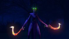 an animated character holding two glowing torches in the dark