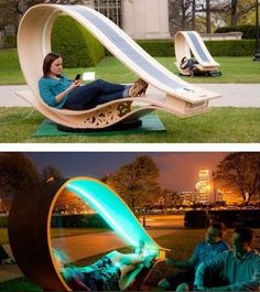 two pictures with people sitting in chairs and one has a light up slide on it