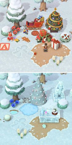 two screens showing different scenes in the same game, one is snow covered and the other has