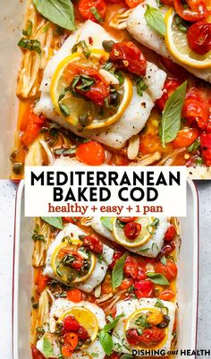 Mediterranean Baked Cod with burst cherry tomatoes, fennel, and fresh basil. This simple, one-pan meal is light, nutritious, and ultra flavorful. Mediterranean Baked Cod, Mediterranean Diet Dinner, Burst Cherry Tomatoes, Med Diet, Mediterranean Meals, Diet Dinner, Easy Mediterranean Diet Recipes, Healthy Salmon Recipes, Easy Fish Recipes