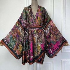 One Size fits S-3X/4X Material: Poly Silk (a lightweight, smooth, and shiny fabric that drapes and flows very well. An affordable alternative to silk) Spring Party Satin Kimono, Elegant Fall Kimono For Vacation, Elegant Fall Vacation Kimono, Summer Evening Silk Kimono, Silk Kimono For Evening And Summer, Summer Black Silk Kimono, Multicolor Silk Kimono For Fall, Black Silk Summer Kimono, Silk Kimono For Fall