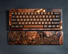 the keyboard and mouse are made out of wood, with different designs on each side