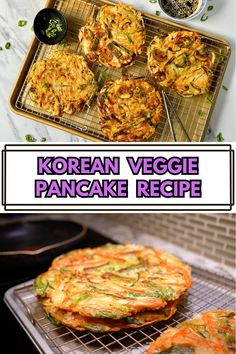 korean veggie pancake recipe on a cooling rack and in the background is an image of broccoli pancakes