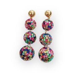 3 disco ball dangle earrings with multi-colors 3" in length Light up your look with shimmering shades from every angle. Iron Alloy Disco Earrings, Disco Ball Earrings, Scarf Coverup, Angle Iron, Rebecca Black, Kids Scarf, Ball Earrings, Back Jewelry, Dress Inspo