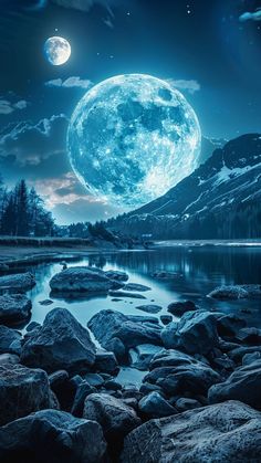 the full moon is shining brightly in the night sky over a mountain lake with rocks and boulders