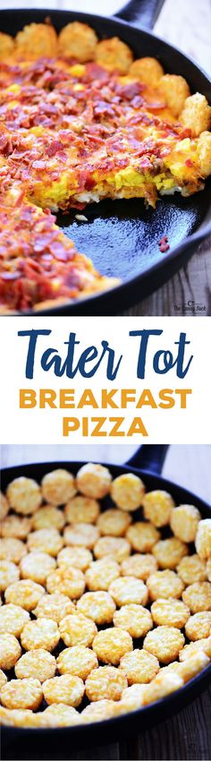 this is an image of two different types of pizzas in pans with the words tater tot breakfast pizza on them