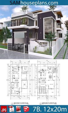 two story house plan with floor plans and elevation details for each room in the house