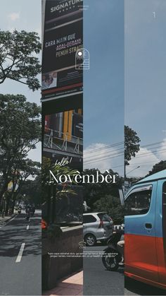 an advertisement for the november issue of signature magazine, featuring cars parked in front of a building