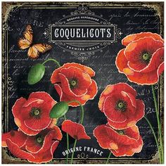 an image of some red flowers on a black board with butterflies flying around it and the words gouvel - loot's