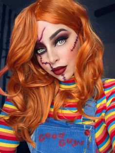 Chuckie Womens Costume, Chucky Halloween Costume Female Makeup, Female Chucky Makeup, Chucky Female Costume, Chucky Face Makeup, Girl Chucky Makeup, Chucky Make Up, Chucky Face Paint, Chucky Makeup Female