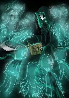 an alien reading a book in front of many other aliens with glowing green hair and eyes