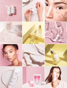 a collage of photos with various products and woman's face in the background