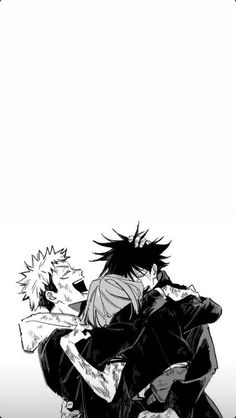 two anime characters hugging each other in front of a white background with black and white graphics