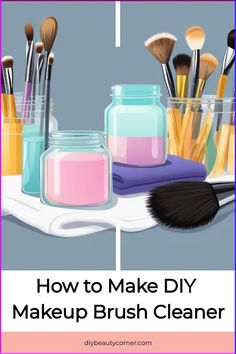 Create your own makeup brush cleaner with this easy DIY tutorial. Gather essential ingredients like dish soap, rubbing alcohol, baking soda, castile soap, vinegar, and olive oil. Keep your brushes clean and fresh with this homemade solution. Makeup Brush Cleaner Spray, Diy Makeup Brush Cleaner, Makeup Removal Tips, Clean Makeup Brushes, Diy Makeup Brush, Baking Makeup, Pop Art Makeup, Homemade Makeup, Celebrity Makeup Looks