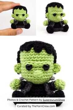 a crocheted toy is shown in three different pictures