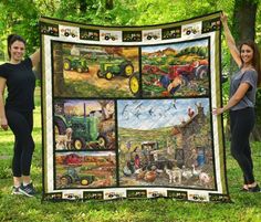 two women holding up a quilt with pictures of farm animals and tractors on it in the grass