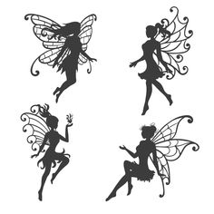 the silhouettes of four fairy girls in black and white, with swirly wings