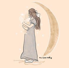 a drawing of a woman holding a baby in her arms and the moon behind her