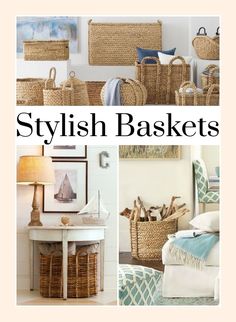 several baskets are stacked on top of each other with the words stylish baskets above them