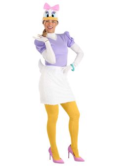 a woman in a costume that is wearing yellow tights and pink shoes with her hands on her hips