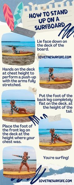 the instructions for how to stand up on a surfboard