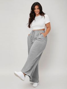 Plus Cotton Wide Leg Sweatpants with Drawstring Waist #boho #fresh #NewArrivals #pomonaandpeach #BohoChic #popular #fashion Plus Size Lounge Wear Outfit, Plus Size Joggers Outfit, Wide Leg Sweatpants Outfit, Plus Size Athleisure Outfits, Plus Size Sweatpants, Shein Basics, Wide Leg Pants Outfit, Plus Size Joggers, Leg Pants Outfit