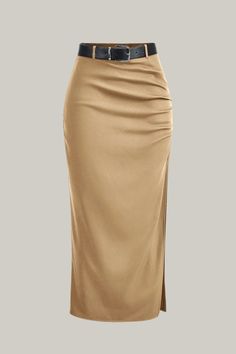 Indulge in sophistication with the Split Thigh Belted Ruched Skirt. This elegant skirt features details such as a belt and ruching, with a split thigh design for added flair. The plain pattern, drop waistline, and long length add to its tasteful and exclusive appeal. Crafted from high-quality woven fabric, this skirt offers a regular fit and is made from 95% polyester and 5% elastane. Both machine wash and professional dry cleaning are suitable for caring for this luxurious piece. Completing the