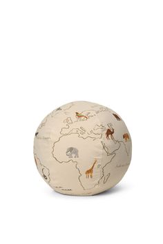 a large round pillow with different animals on it's sides and the map of the world