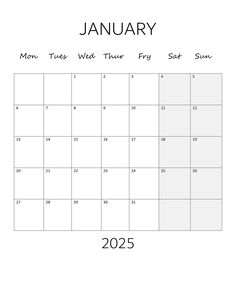 a printable calendar for the month of january