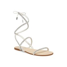 Steve Madden-Tellers Sandal Trend right in the Tellers flat sandal from Steve Madden. The rhinestones on the ankle wrap and forefoot strap bring chic glam to this cool, summer profile. Silver Sandal, Sparkly Sandals, Steve Madden Flats, Stacked Heel Sandal, Bling Sandals, Leather Jewels, Tie Up Sandals, Steve Madden Shoes Sandals, Steve Madden Sandals