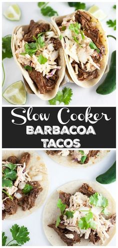 slow cooker barbacoa tacos with limes and cilantro