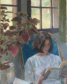 a painting of a woman sitting in a chair reading a book next to a potted plant