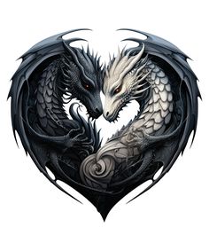 two black and white dragon heads in the shape of a heart