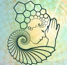 a drawing of a woman with her hands in the shape of a shell and honeycombs