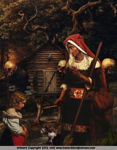 a painting of an old woman and child in the woods with a dog looking at something