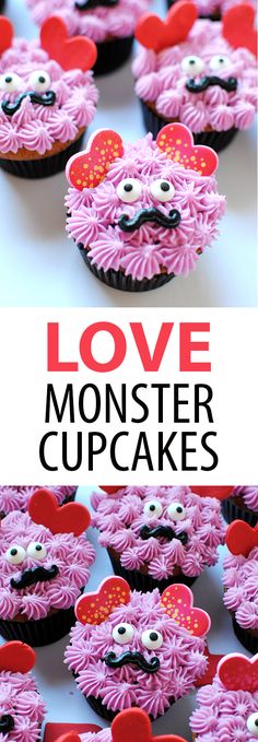 some cupcakes with pink frosting and red hearts on them, are in the shape of a monster