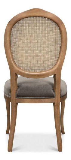 a wooden chair with grey upholstered fabric on the back and armrests