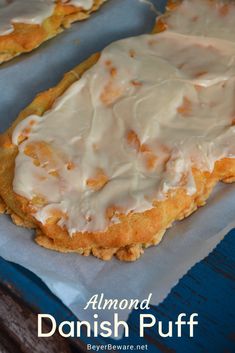 an image of some food that is on the table with words above it reading almond danish puff