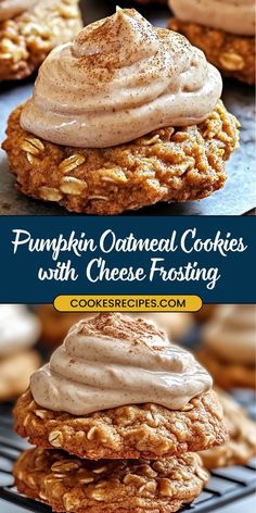 pumpkin oatmeal cookies with cheese frosting are stacked on top of each other