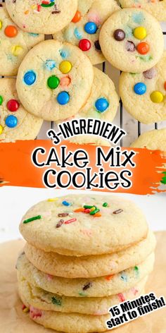 cookies stacked on top of each other with the title overlay reading 3 ingredient cake mix cookies