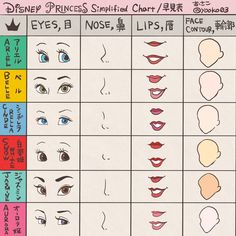 the disney princess spirit chart is shown in various colors and shapes, including eyes, nose, lips