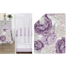 a crib bedding set with purple and white flowers on the cover, next to a baby crib