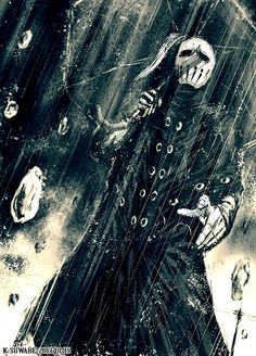 a black and white drawing of a man in the rain with an umbrella over his head