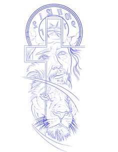 a drawing of the face of jesus and a tiger with a cross on it's head