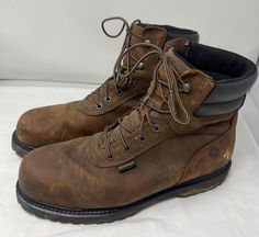 "Vintage brown men Combat Boots with slip oil proof soles and steel-toe  SIZE: MEN US 13 M WIDTH:  4 3/4\" LENGTH OUTSOLE: 13 1/4 HEEL: 1 1/4\" HEIGHT: 8 1/2\" MATERIAL: Leather  COLOR: Brown NOTE: Shoes show light signs of wear on soles, heels and uppers consistent to pre-owned shoes. Made by Wolverine World Wide Inc." Men Work Boots Outfit, Vintage Boots Men, Brown Boots Men, Work Boots Outfit, Mens Work Boots, Shoes Boots Combat, Mens Brown Leather Boots, Mens Brown Boots, Italian Leather Boots