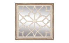 a decorative mirror with an intricate design on the front and back panel, made from wood