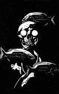 a black and white drawing of a skeleton holding two fish