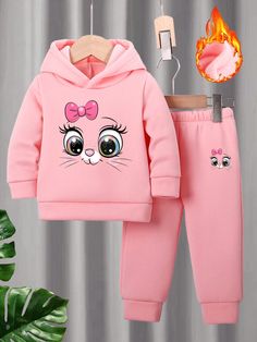 2pcs/Set Baby Girls' Fashionable Cat Face Print Sweatshirt And Pants Set, Autumn/Winter Pink     Animal,Cartoon,Geometric  Slight Stretch  Baby Girls Clothing, size features are:Bust: ,Length: ,Sleeve Length: Pink Long Sleeve Cartoon Print Sets, Pink Winter Outerwear With Cartoon Print, Winter Cartoon Print Pink Sweatshirt, Pink Long Sleeve Onesie With Cartoon Print, Cartoon Print Hooded Fleece Tops, Raglan Sleeve Jacket, Baby Girl Letters, Bow Shorts, Baby Girls