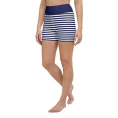 Berry Jane Women's Mid-thigh Swim Shorts. These cute, timeless nautical stripe swim shorts are a perfect coverup for SUP paddle boarding, swimming, or lounging. These shorts offer UPF 30+ Sun protection with a high-waisted, mid-thigh length. The slimming effect keeps you looking great while enjoying the salt air and sunshine! Details: High waist (sits at the natural waist) Wide waistband Inseam length 4 3/4" (Size S) For more fit and sizing info, check out our size chart Features: 82% polyester, Navy Short Swim Trunks For Beach Season, Navy Short Length Swim Trunks For Beach Season, Navy Swim Trunks For Beach Season, Blue Bottoms With Contrast Stripes For Summer, Navy Shorts For Swimming During Beach Season, Navy Shorts For Poolside, Striped Bottoms For Beach Season, Navy Beach Shorts For Summer, Navy Summer Shorts For Beach Season